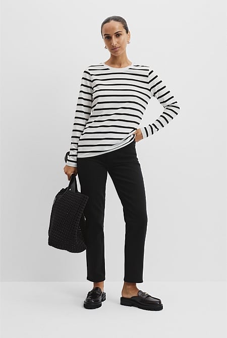 Australian Good Earth Cotton Textured Slub Stripe Long Sleeve T-Shirt.