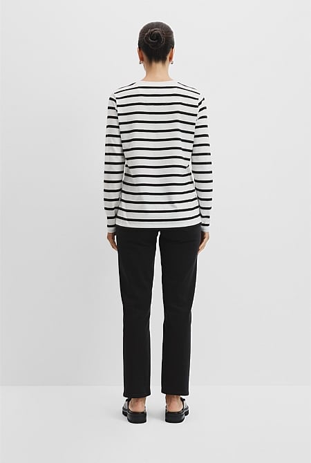 Australian Good Earth Cotton Textured Slub Stripe Long Sleeve T-Shirt.