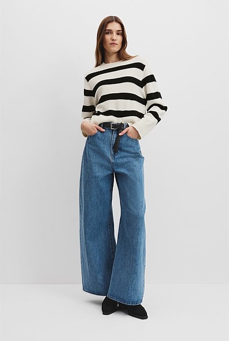 Organically Grown Cotton Blend Stripe Crop Crew Neck Knit
