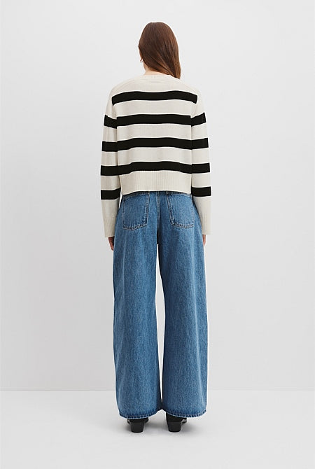 Organically Grown Cotton Blend Stripe Crop Crew Neck Knit
