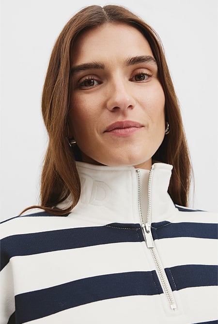 Australian Cotton Stripe Logo Neck Zip Sweat