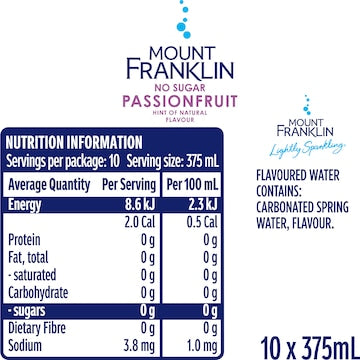 Mount Franklin Lightly Sparkling Water Pasionfruit Multipack Cans 375mL x 10 pack