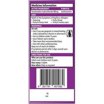 Telfast Hayfever Allergy Relief 180mg Antihistamine Tablets 5 pack