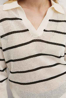Organically Grown Cotton Linen Stripe Mesh Long Sleeve Polo Knit