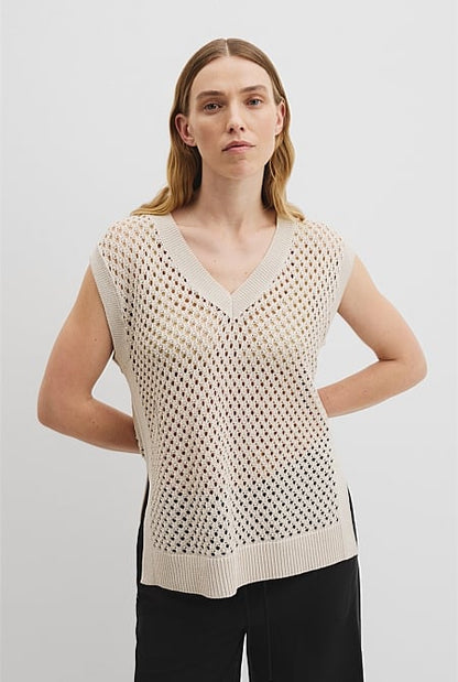 Organically Grown Cotton Linen Open Mesh Knit T-Shirt
