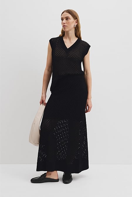 Organically Grown Cotton Linen Open Mesh Knit Skirt