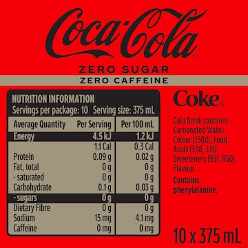Coca-Cola Caffeine Free Zero Sugar Soft Drink Cans 375mL x 10 pack