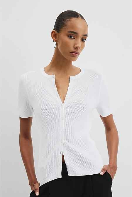 Waffle Short Sleeve Button Knit