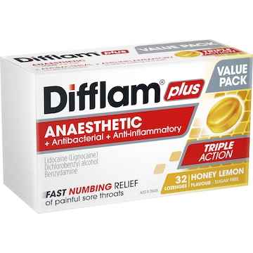 Difflam Plus Anaesthetic Sore Throat Lozenges Honey & Lemon 32 pack