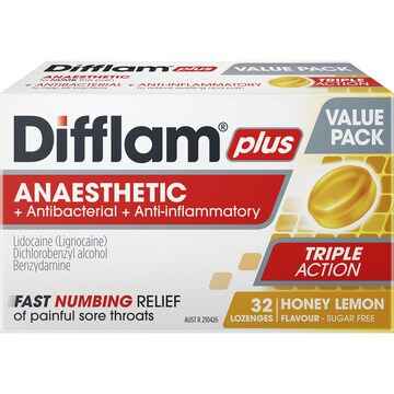 Difflam Plus Anaesthetic Sore Throat Lozenges Honey & Lemon 32 pack