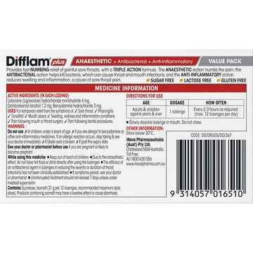 Difflam Plus Anaesthetic Sore Throat Lozenges Honey & Lemon 32 pack
