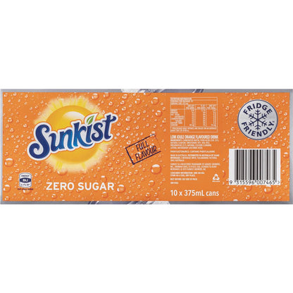 Sunkist Zero Sugar Orange Soft Drink Cans Multipack 375ml x 10 Pack