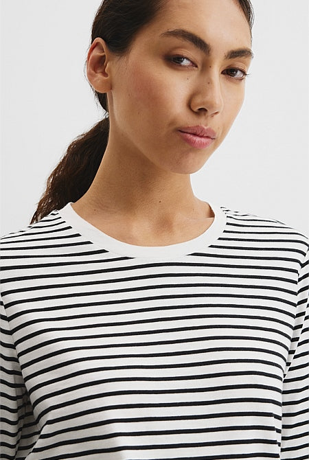 Australian Good Earth Cotton Stripe Textured Slub Long Sleeve T-Shirt