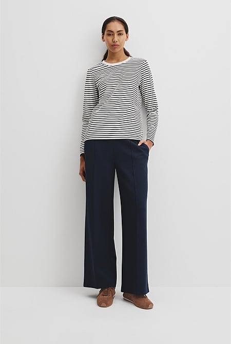 Australian Good Earth Cotton Stripe Textured Slub Long Sleeve T-Shirt