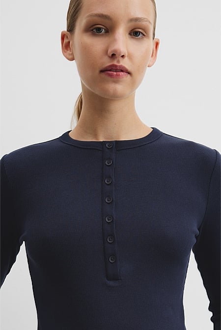 Australian Cotton Blend Rib Henley Top
