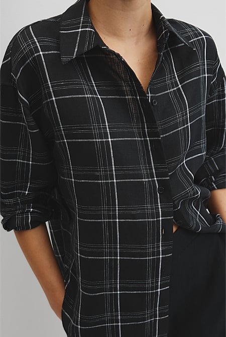 Organically Grown Linen Relaxed Fit Long Sleeve Check Shirt