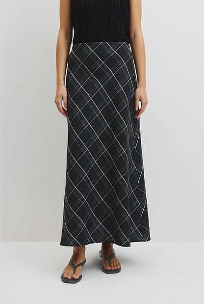 Organically Grown Linen Check Pull-On Midi Skirt