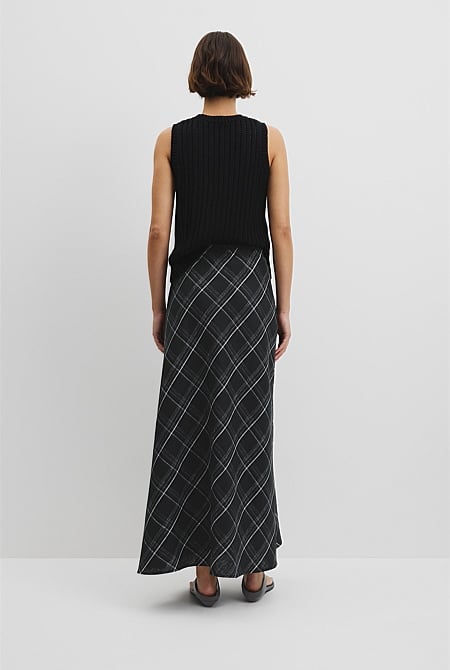 Organically Grown Linen Check Pull-On Midi Skirt