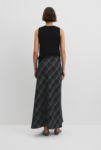 Organically Grown Linen Check Pull-On Midi Skirt