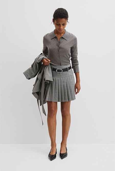 Wool Blend Check Mini Pleat Skirt