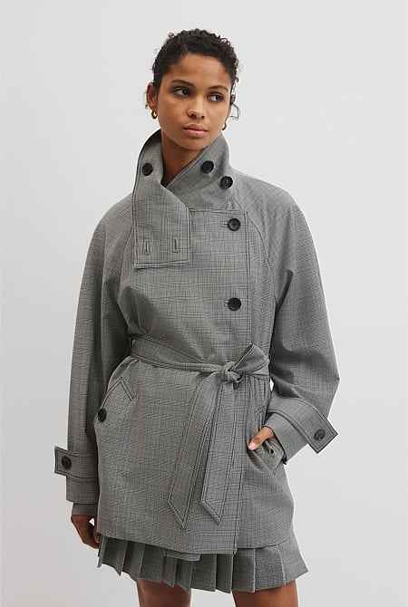 Wool Blend Funnel Check Jacket