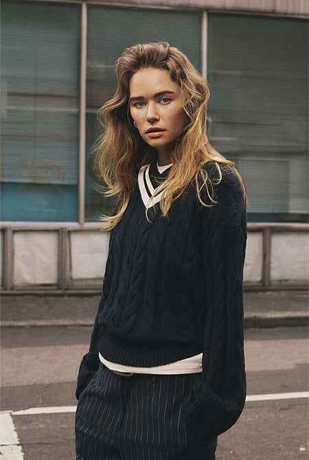V-Neck Cable Knit
