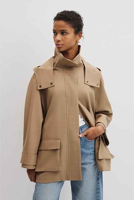 Wool Blend Tailored Funnel Coat