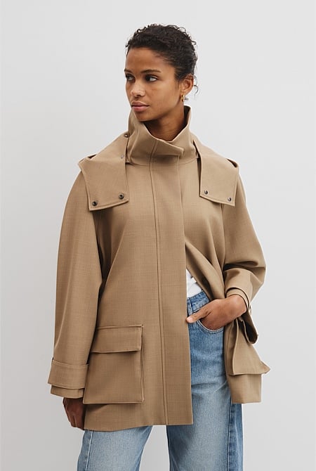 Wool Blend Tailored Funnel Coat