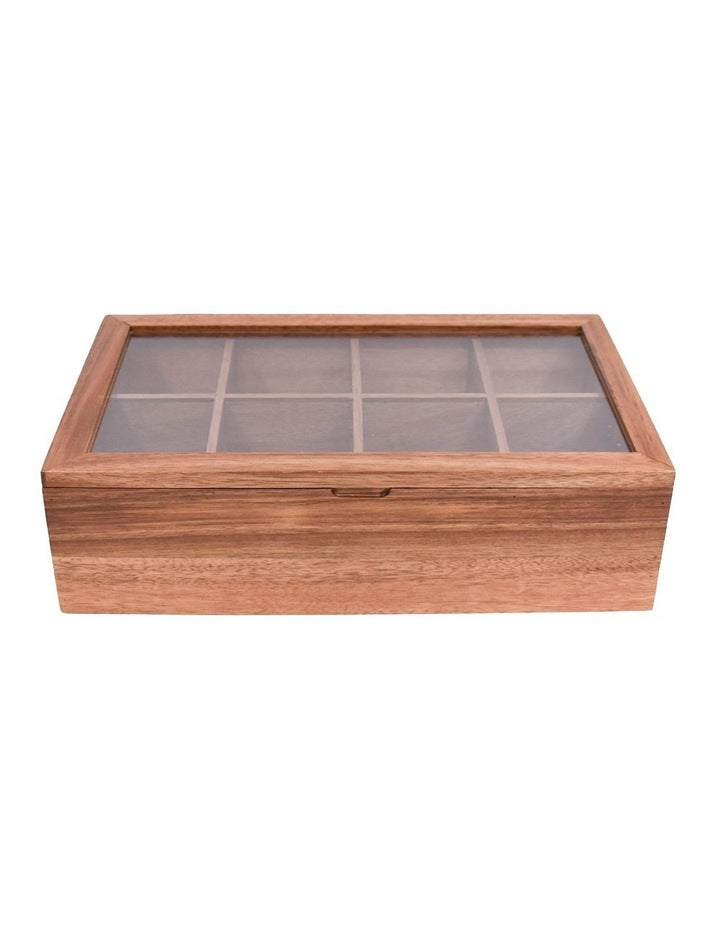 Pantry 8 Divider Tea Box With Window Lid Acacia