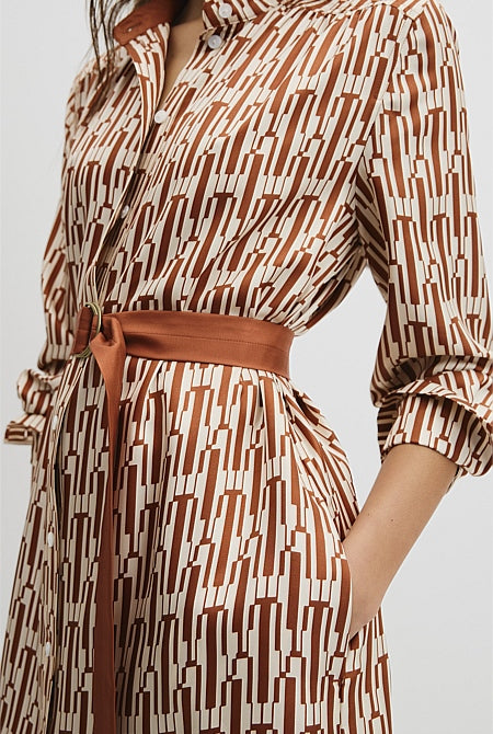 Printed Silk Midi Shirt Dress