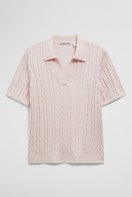 Organically Grown Cotton Blend Cable Polo Knit