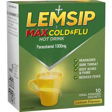 Lemsip Max Cold & Flu Hot Drink With Paracetamol Lemon Sachets 10 pack