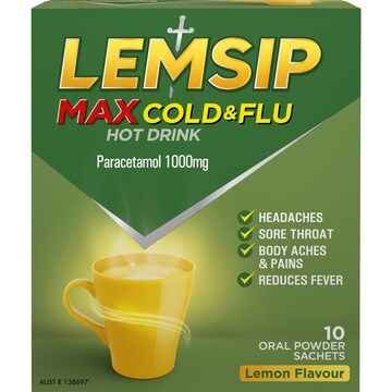 Lemsip Max Cold & Flu Hot Drink With Paracetamol Lemon Sachets 10 pack