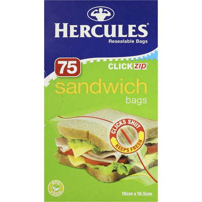 Hercules Click Zip Resealable Sandwich Bags 75 pack