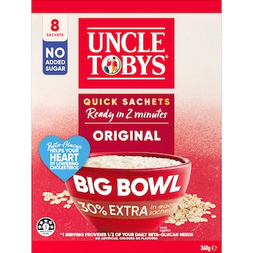 Uncle Tobys Oats Quick Sachets Big Bowl Original Porridge 368g