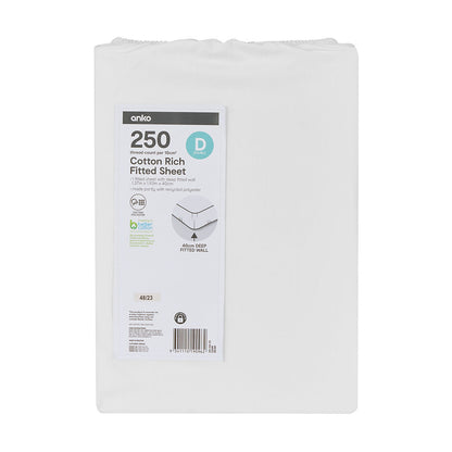250 Thread Count Cotton Rich Fitted Sheet - Double Bed, White