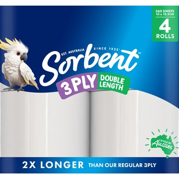 Sorbent Double Length 3 Ply Toilet Paper 4 pack