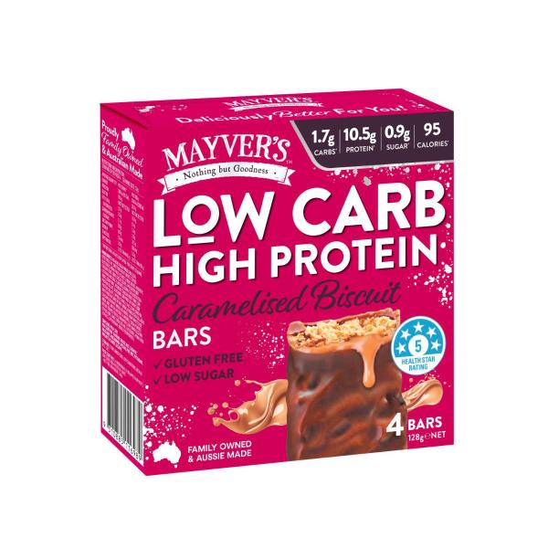 MAYVER'S LOW CARB HIGH PROTEIN CARAMELISED BISCUIT BARS 128G