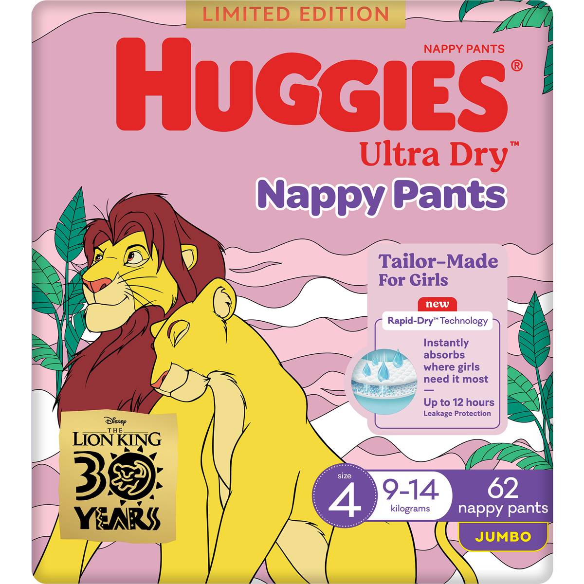Huggies Ultra Dry Nappy Pants Girls Size 4 (9-14kg) 62 pack