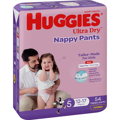 Huggies Ultra Dry Nappy Pants Girls Size 5 (12-17kg) 54 Pack