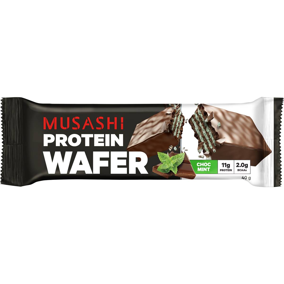 Musashi Wafer Protein Bar Chocolate Mint, Naturally Occuring Bcaas 40g