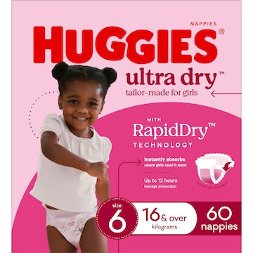 Huggies Ultra Dry Nappies Girls Size 6 (16kg+) 60 pack