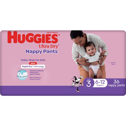 Huggies Ultra Dry Nappy Pants Girls Size 3 (6-12kg) 36 Pack