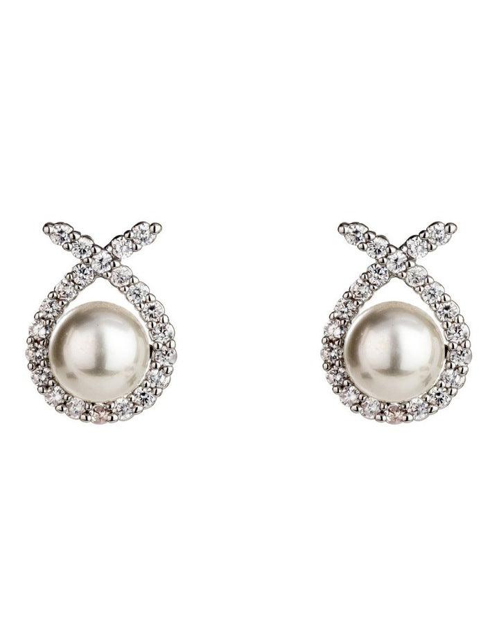 Cz Ribbon with Pearl Studs Earring in Rhodium