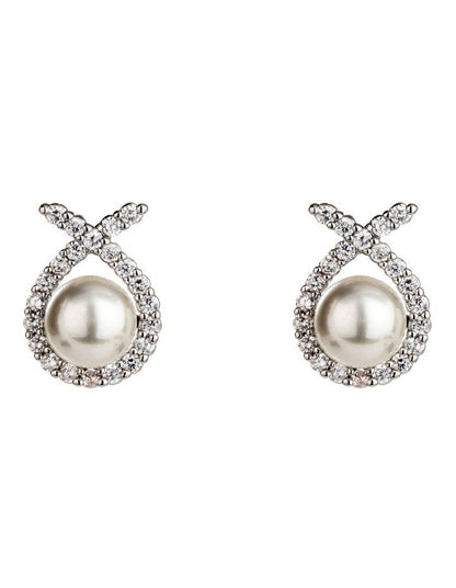 Cz Ribbon with Pearl Studs Earring in Rhodium