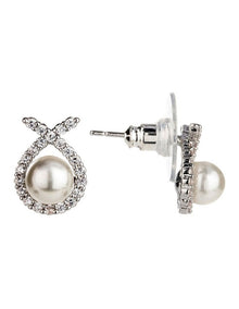 Cz Ribbon with Pearl Studs Earring in Rhodium