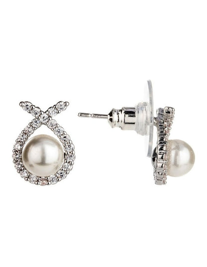 Cz Ribbon with Pearl Studs Earring in Rhodium