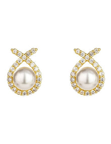 Cz Ribbon With Pearl Studs Earring in Gold