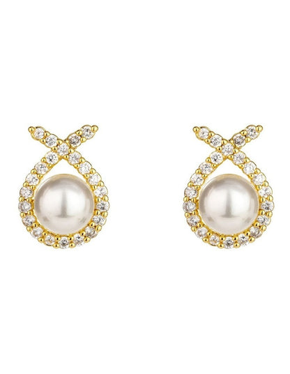 Cz Ribbon With Pearl Studs Earring in Gold