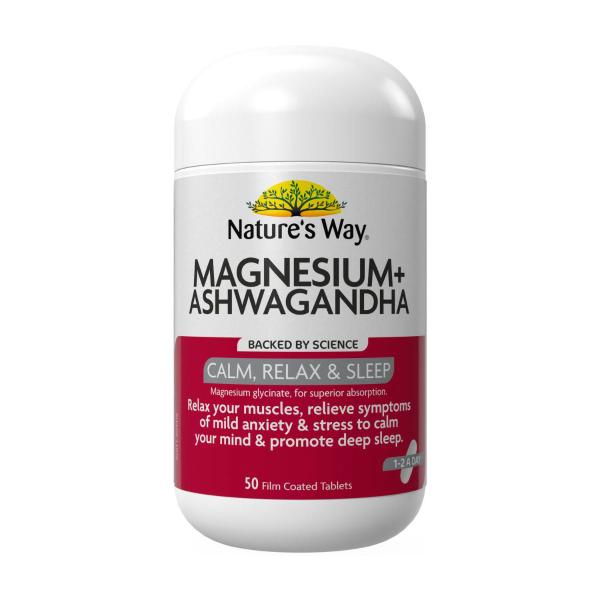 NATURE'S WAY MAGNESIUM + ASHWAGANDHA TABS 50PK